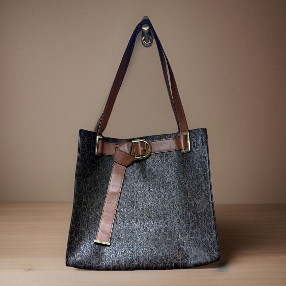 Calvin Klein Nola Signature Tote Brown Handbag CK Logo Preppy Old Money EUC Y2K